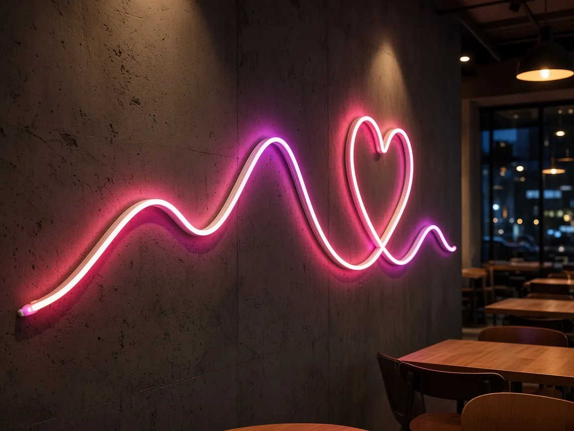 Visualization: Flexible LED neon bent into a wave and heart shape on a wall